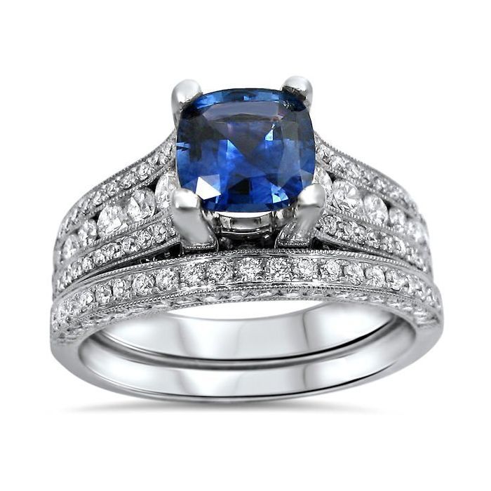 3.30ct Cushion Cut Blue Sapphire And Diamond Engagement Ring Bridal Set ...