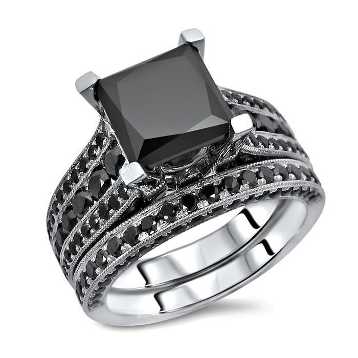 3.80ct Black Princess Cut Diamond Engagement Ring Bridal Set 14k White ...