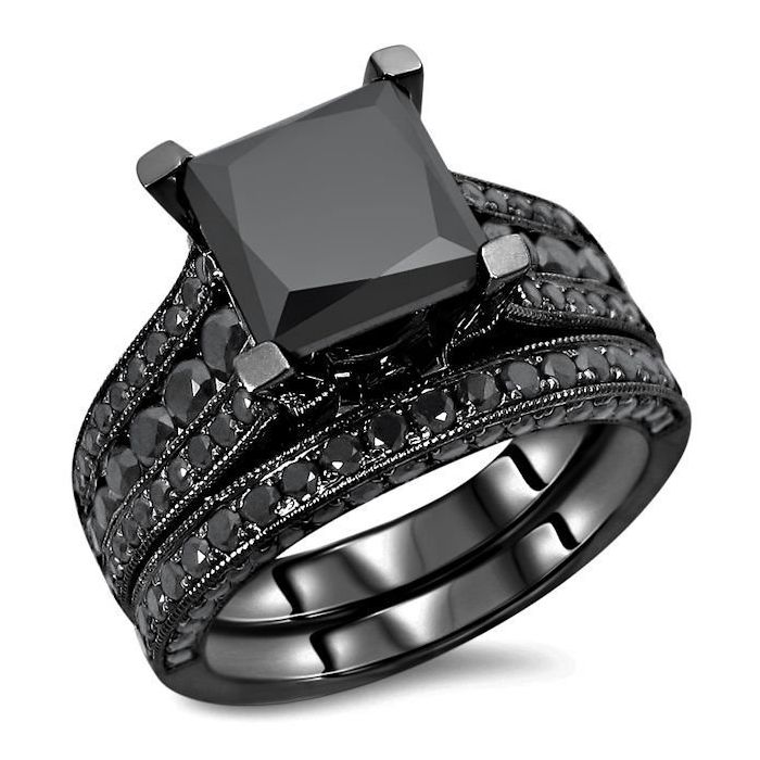 3.80ct Black Princess Cut Diamond Engagement Ring Bridal Set 14k Black ...