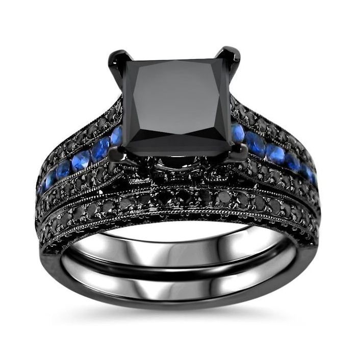 3.80ct Black Princess Cut Diamond Blue Sapphire Engagement Ring Bridal ...