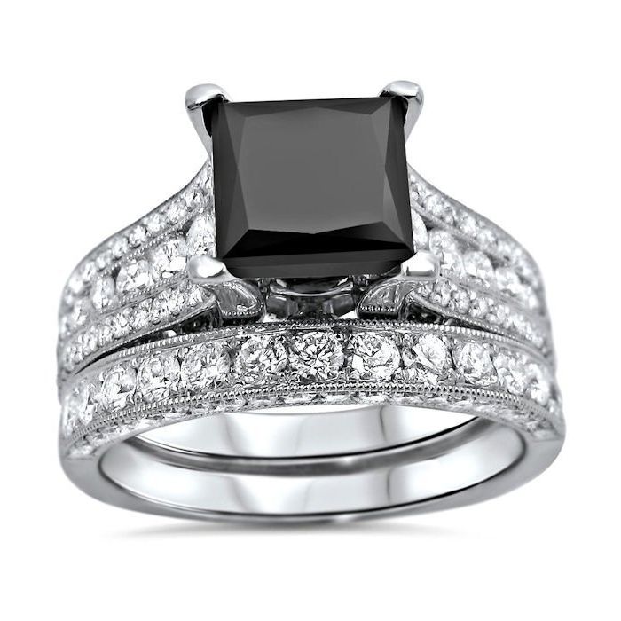 4.35ct Black Princess Cut Diamond Engagement Ring Wedding Band Set 18k ...