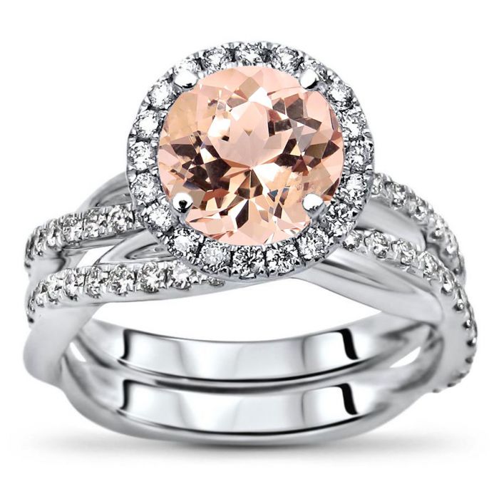 Paloma Halo Diamond Ring Bridal Set with 8mm Round Morganite in 14k