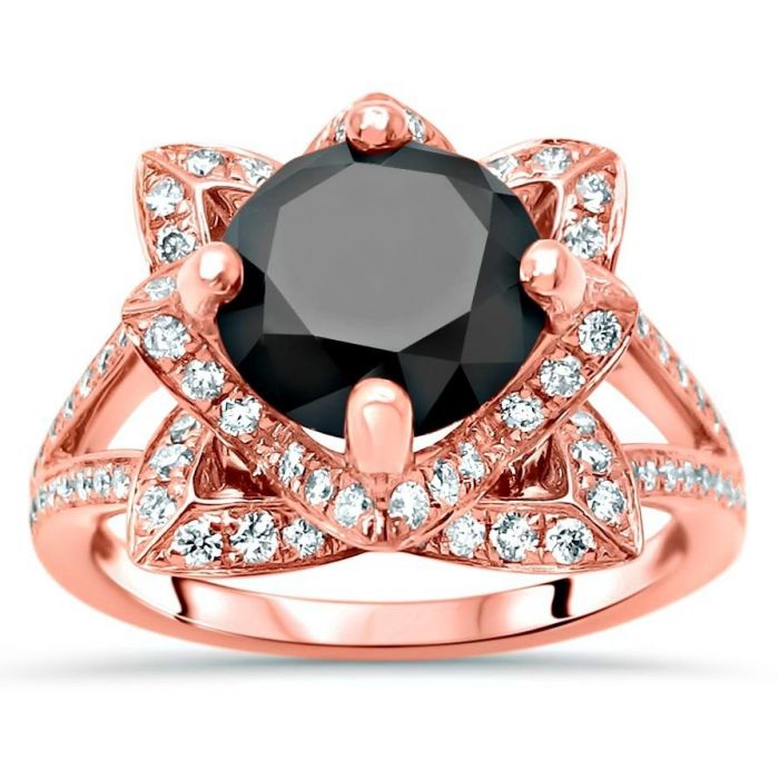 3.10ct Round Black Diamond Lotus Flower Engagement Ring 14k Rose Gold