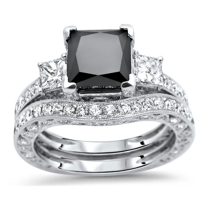 thumbnail image 2 of 2.01 CT Princess Cut Black CZ Engagement Wedding Ring Bridal Set - Black Gold Plated - Handmade 2 of 5