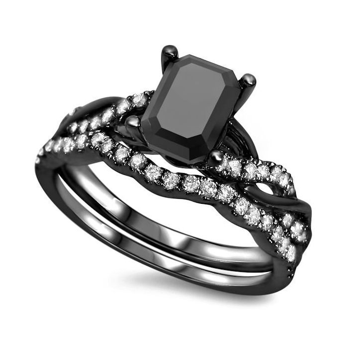 Black Emerald Cut Diamond Engagement Ring Bridal Set 14k Black Gold