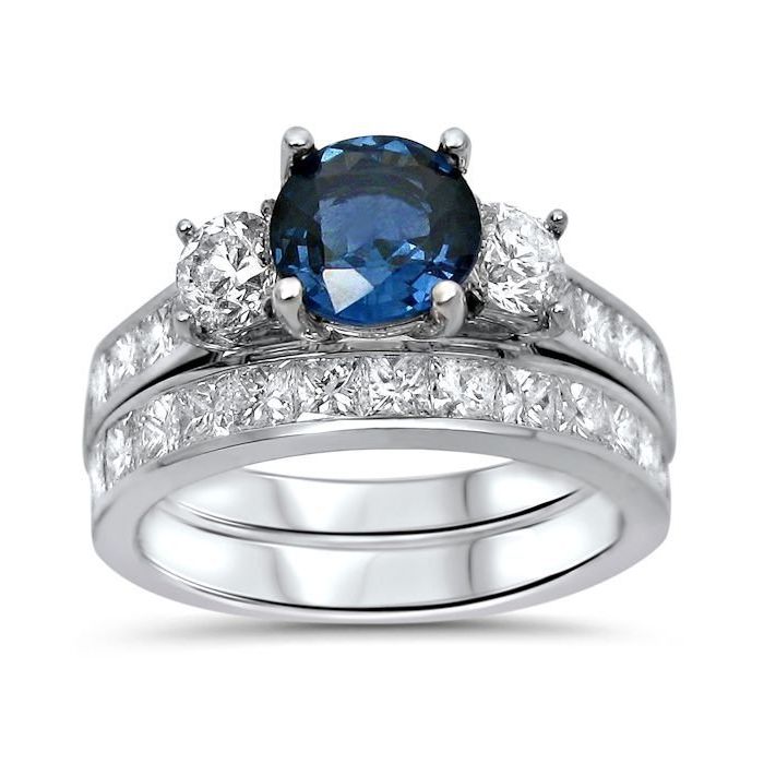 6mm Blue Sapphire 3 Stone Diamond Engagement Ring Bridal Set 14k White Gold  / Front Jewelers