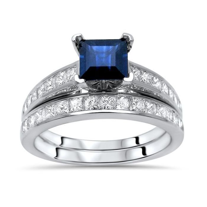 Princess Cut Blue Sapphire Diamond Engagement Ring Bridal Set 14k  White Gold