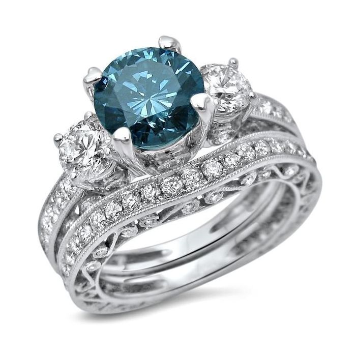 2.50ct Blue 3 Stone Round Diamond Engagement Ring Bridal Set 18k White ...