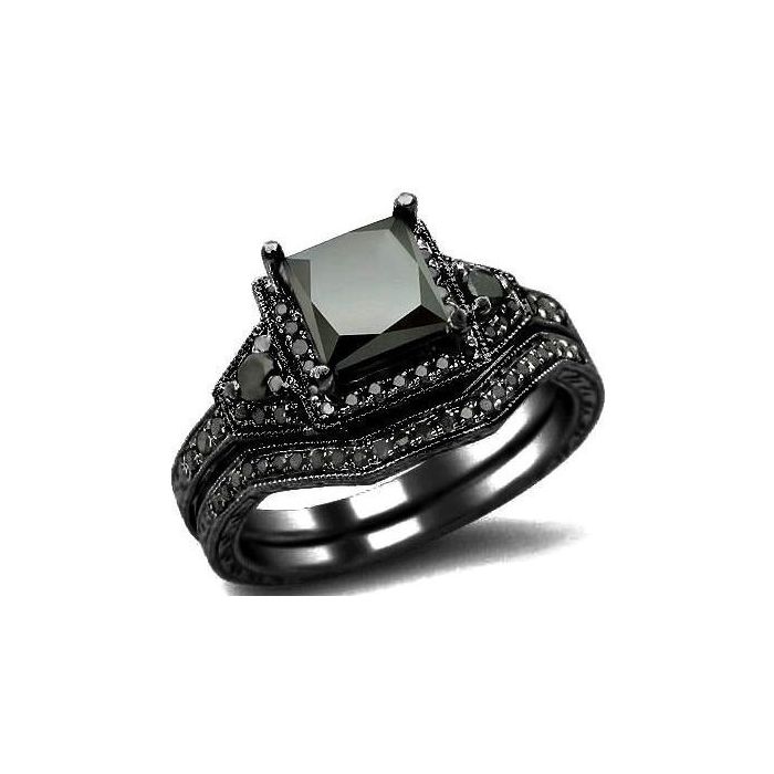 2.01ct Black Princess Cut Diamond Engagement Ring Bridal Set 14k Black Gold