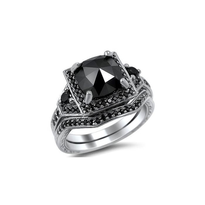2.01ct Black Cushion Cut Diamond Engagement Ring Wedding Bridal Set 14k ...