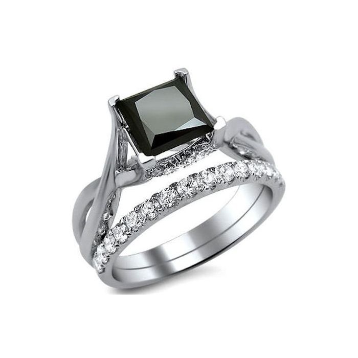 2.20ct Black Princess Cut Diamond Engagement Ring Bridal Set 18k White ...