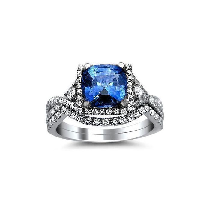 2.15ct Blue Cushion Cut Sapphire Diamond Ring Bridal Set 18k White Gold ...