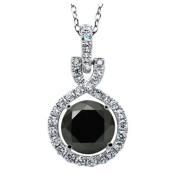 3.05ct Black Round Diamond Halo Pendant Necklace 14k White Gold