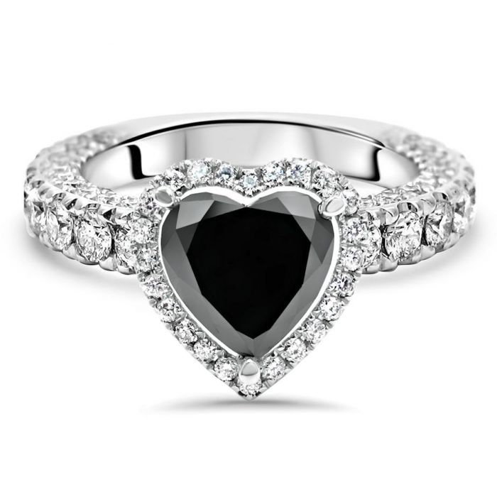4.67ct Black Heart Shape Diamond Halo Engagement Ring 14k White Gold