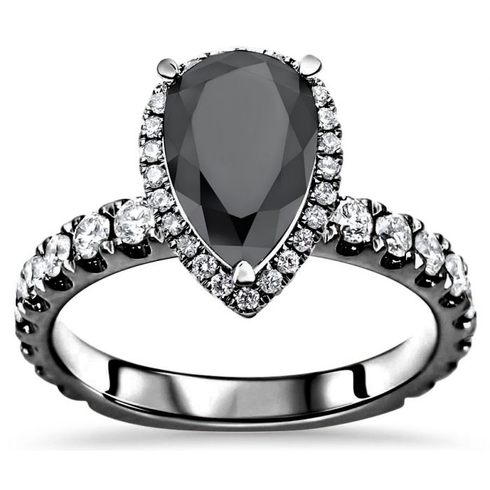 3.18ct Black Diamond Pear Shape Halo Engagement Ring 14k Black Gold