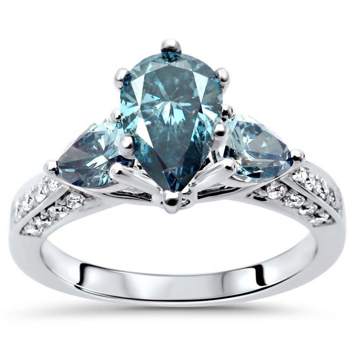 1.40ct Blue Pear Shape Diamond 3 Stone Engagement Ring 14k White Gold
