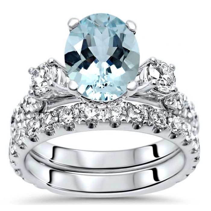 Sage Hidden Halo 3 Stone Diamond Ring Bridal Set with 9x7mm Oval Aquamarine 14k