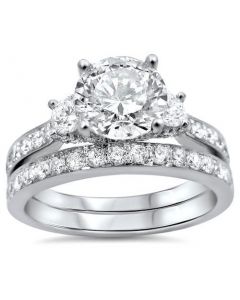 Round Diamond 3 Stone Engagement Ring Bridal Set 18k White Gold