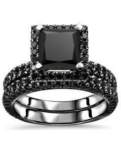 4.70ct Black Princess Cut CZ Engagement Ring Bridal Set 