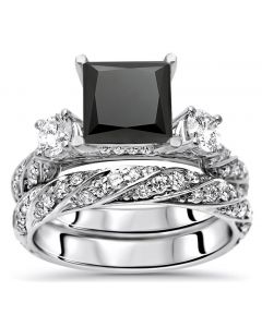 1.60 Ct Round Diamond Three-Stone Engagement Bridal Ring Set 14k Black Gold GP 